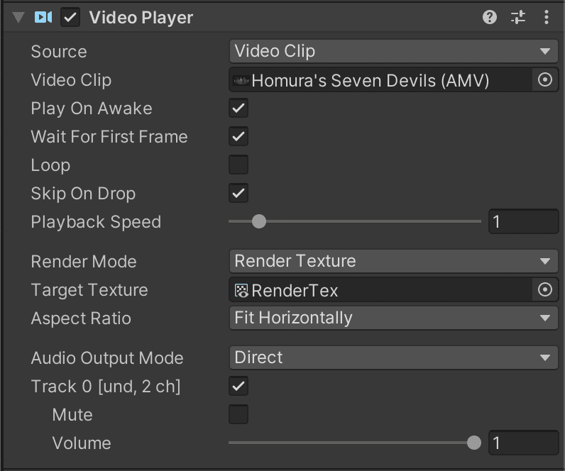 video player property - playing a video in unity