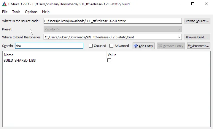 Uncheck shared for static SDL3_ttf CMake