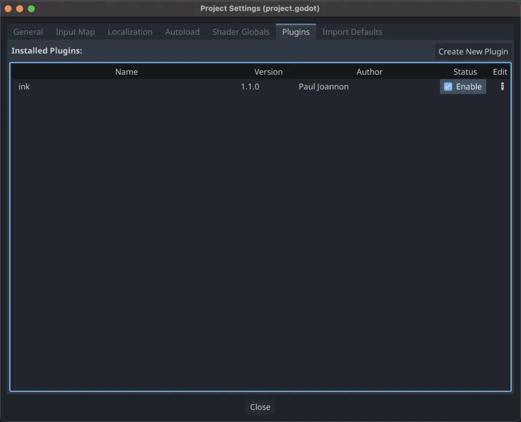 Enable the plugin Godot Ink - Ink story Godot