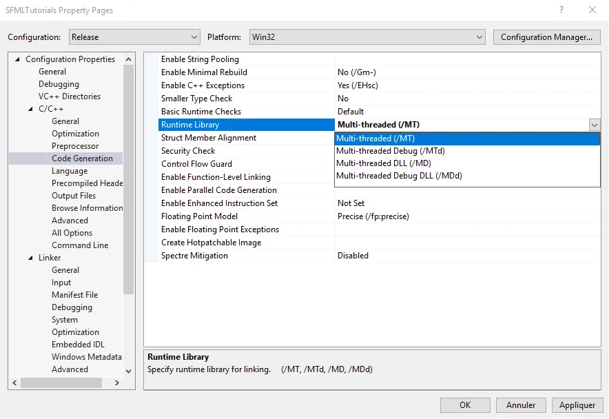 MT option to have the runtime library statically linked