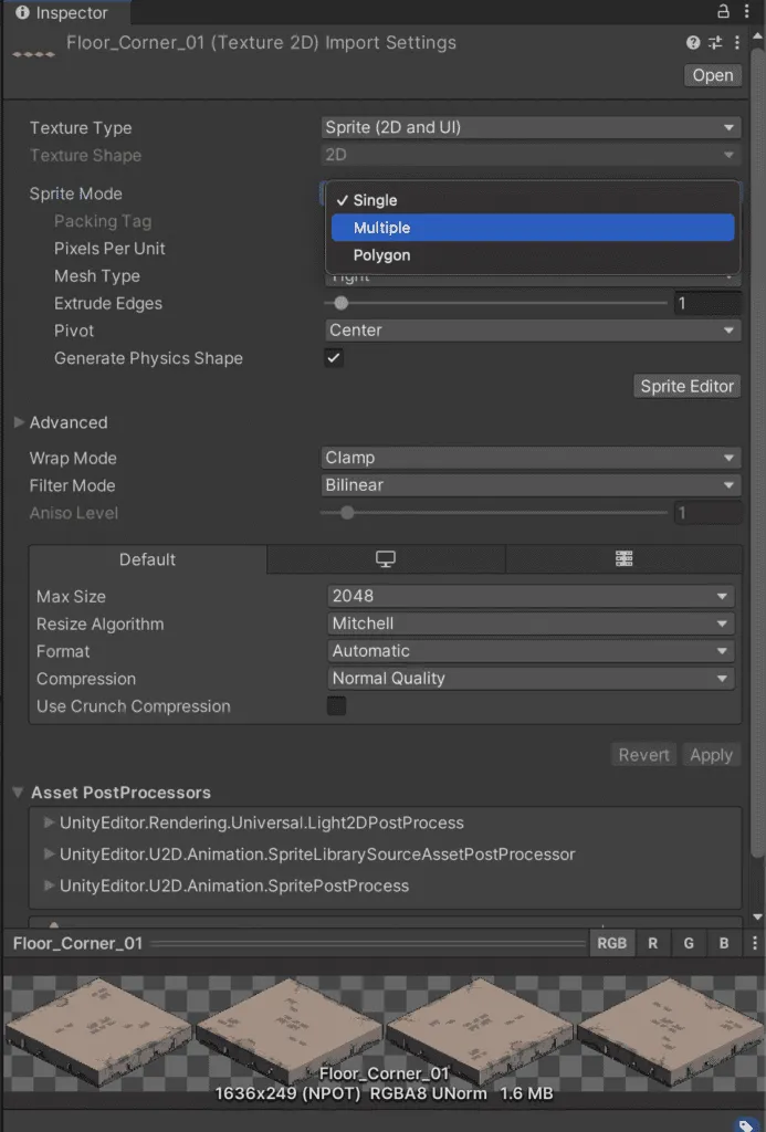 Set the sprite mode to multiple - tilemap in unity