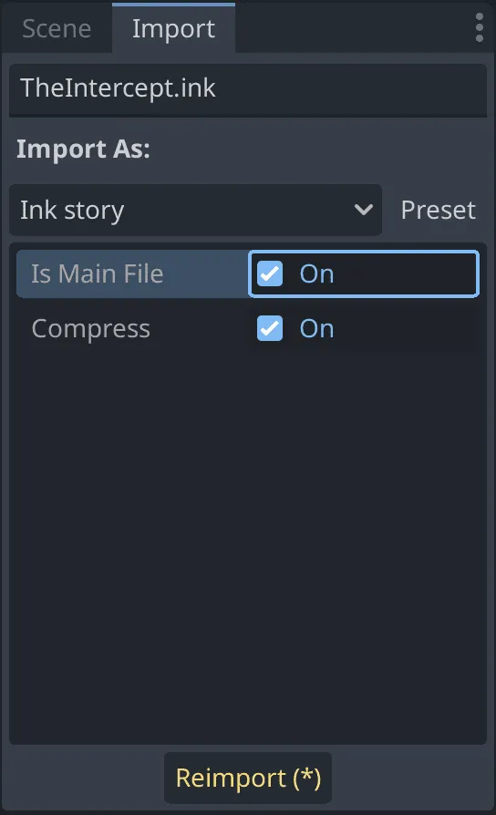 Reimport the story - Ink story Godot