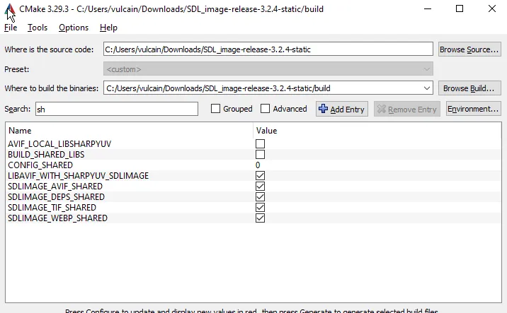 Uncheck shared for static SDL3_image CMake