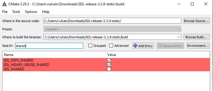 SDL_SHARED uncheck CMake