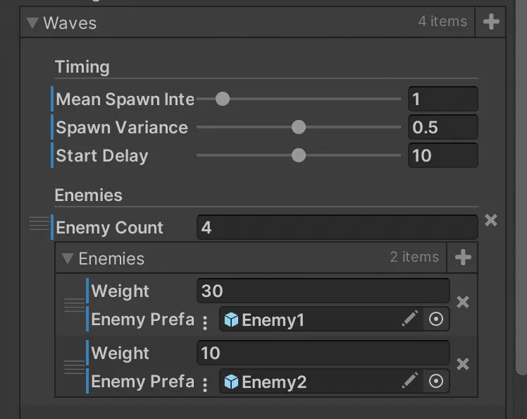 waves property - tower defense game with unity